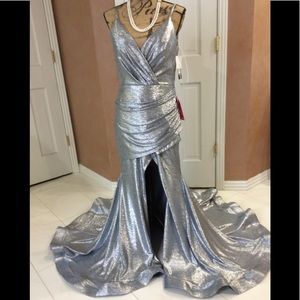 Betsy & Adam Sexy Shimmery Silver Full Length Gown